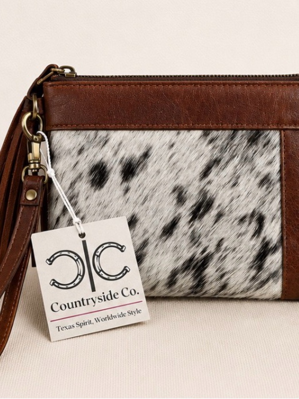 Brown & White Hair-On Leather Wristlet